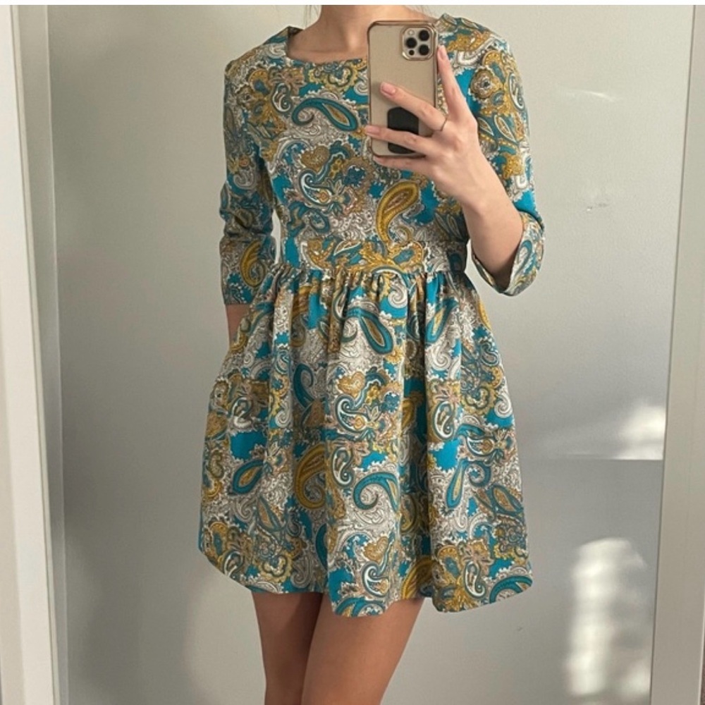 NWT Paisley Print Mini Dress H&M NWT Marigold Yellow and Blue 60’s